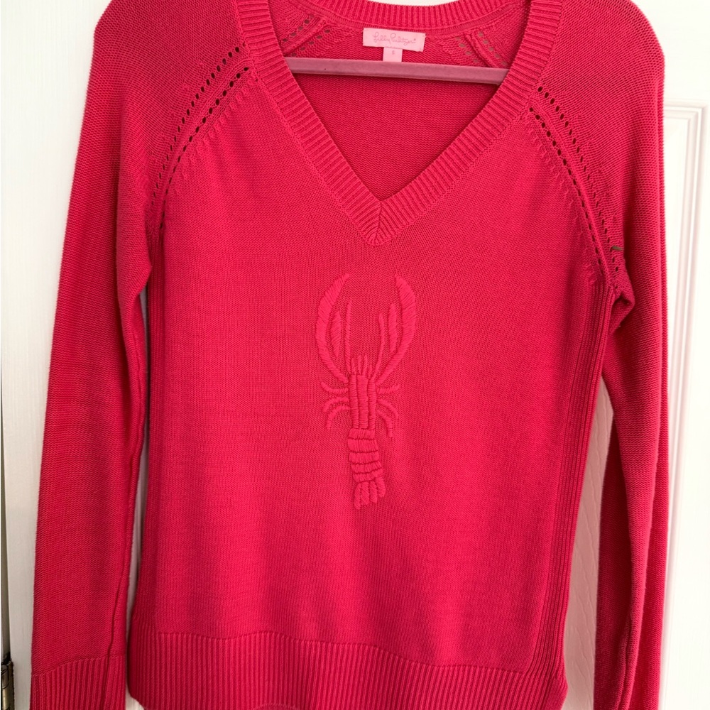 Lilly Pulitzer Raspberry V-Neck Lobster Knit Sweater